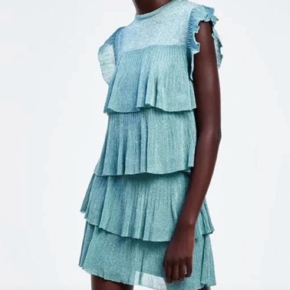 ZARA Blue Metallic Pleated Tiered Ruffle Top NWT - Size S